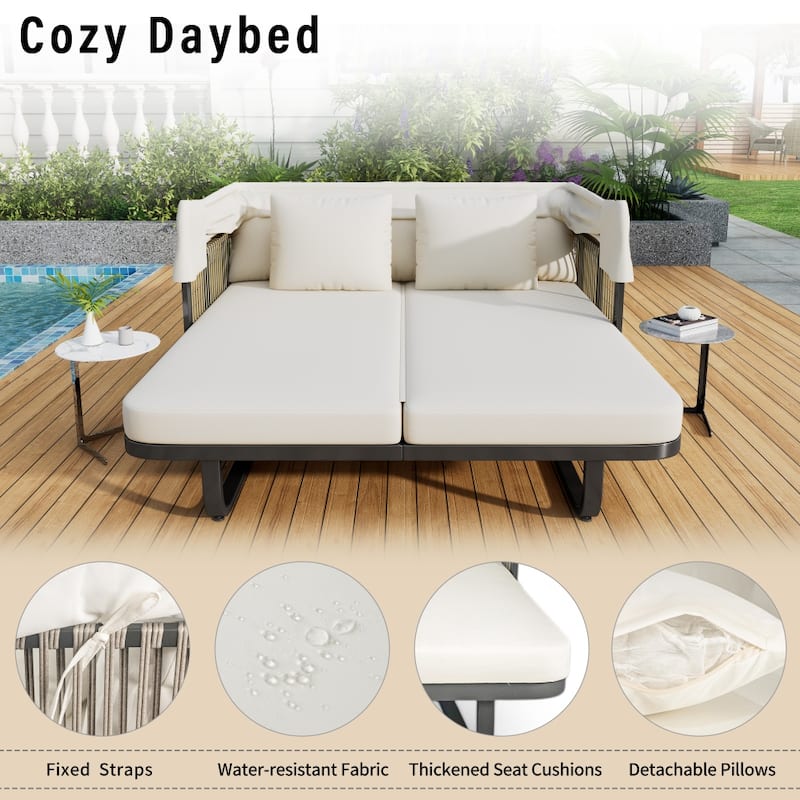 57" Outdoor Rattan Daybed with Canopy and Cushion