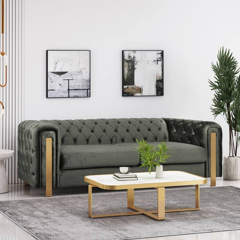 3-Seat Velvet Sofa with Channel Stitching, Birch Legs, Tuxedo Arms