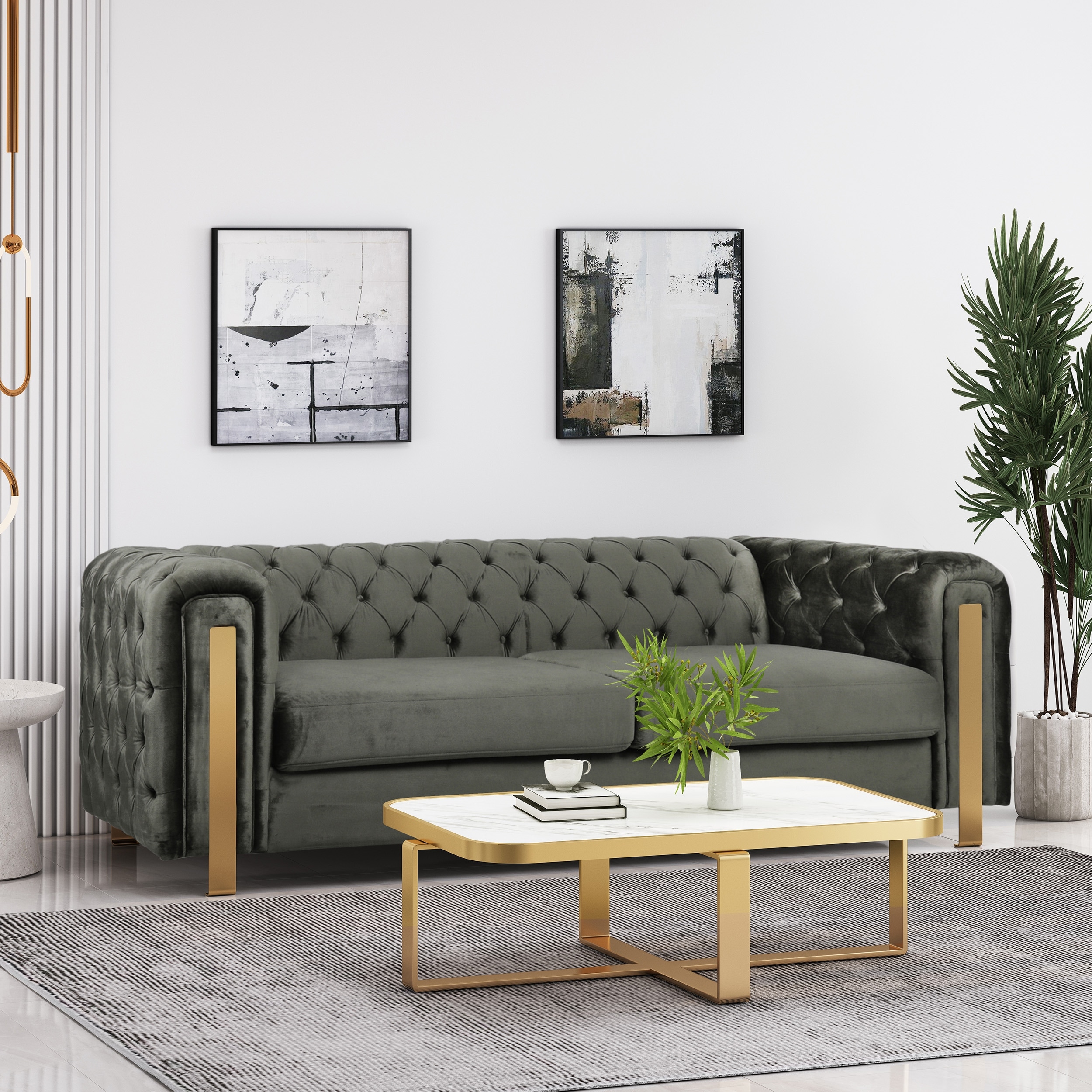 Keyser Modern Glam Tufted Velvet 3 Seater Sofa by Christopher Knight Home - 83.75" L x 34.50" W x 27.25" H