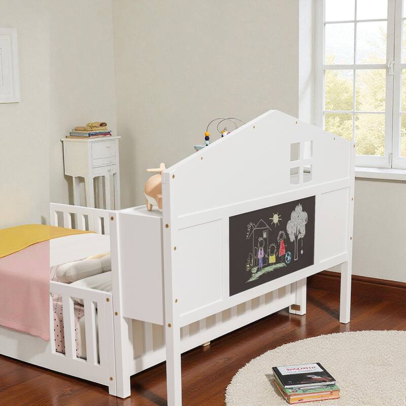 Full Size Montessori Floor Bed with Guard Rails, Bookcase Headboard & Blackboard, Solid Wood Platform Bed for Kids