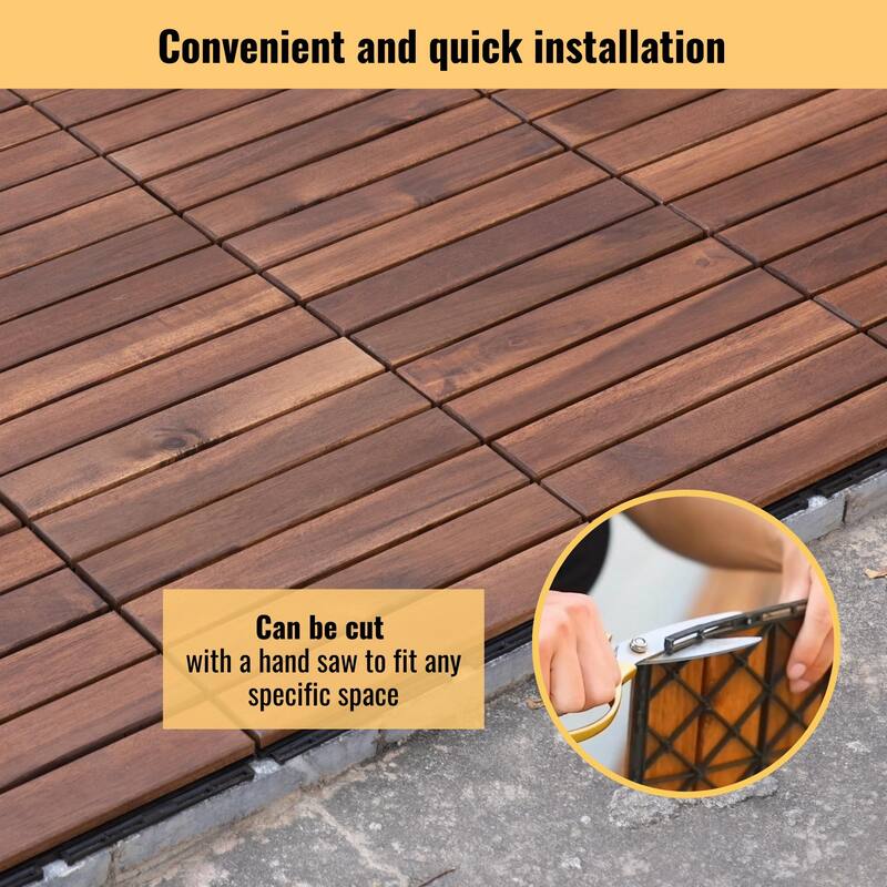 10 PCS Interlocking Deck Tiles Striped Pattern, 12" x 12" Square Acacia Hardwood Outdoor Flooring for Patio,Bancony,Pool Side