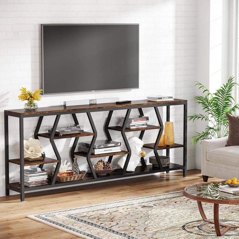 70.9" Industrial Sofa Console Table with 4 Tier Wood Storage Shelves for Hallway, Living Room, Foyer