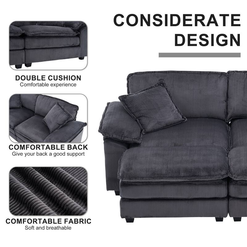 84.6" Corduroy 2-seats sofa With 2 back pillows,2 toss pillows and two ottoman