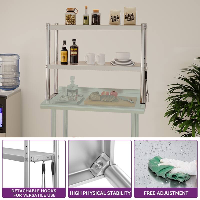 Stainless Steel Overshelf, 2 Tier Overshelf with Hook, Adjustable Double Overshelf for Kitchen Prep Table