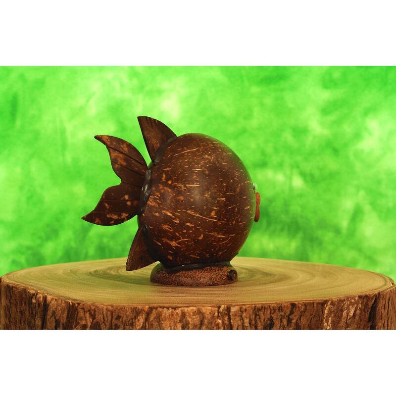 Unique Handmade Coconut Shell Wood Cute Fish Coin Piggy Bank Handcrafted Wooden Hand Carved Keepsake Saving Money