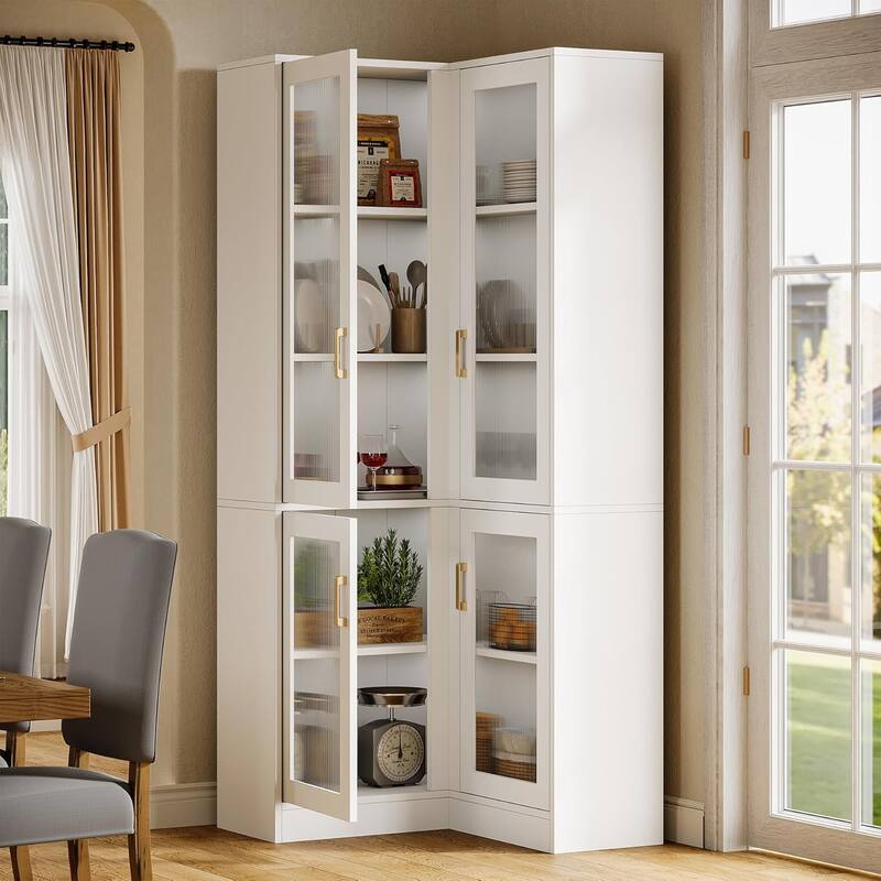 Tall Bookcase with LED Light, Modern 5-Tier Bookshelf Display Cabinet with 4 Acrylic Doors