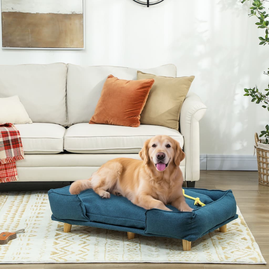 Dark Blue Polyester Pet Sofa with Cushion, Pine Wood Legs and Non-Slip - 37.8" L x 26" W x 9.4" H