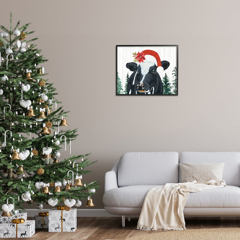Stupell Christmas Hat Cow Portrait Framed Giclee Art Design By Ashley Justice