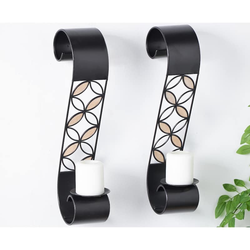 Metal Scroll Wall Sconce with Floral Patterns and Wood Accents - Set of 2 Black - Roche River Decor - 6"W x 4"L x 20"H