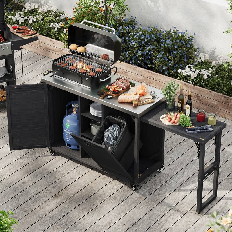 Roomfitters 78.3" Outdoor Kitchen Island with Foldable Grill Table, Stainless Steel Top & Tilt Trash Can Storage