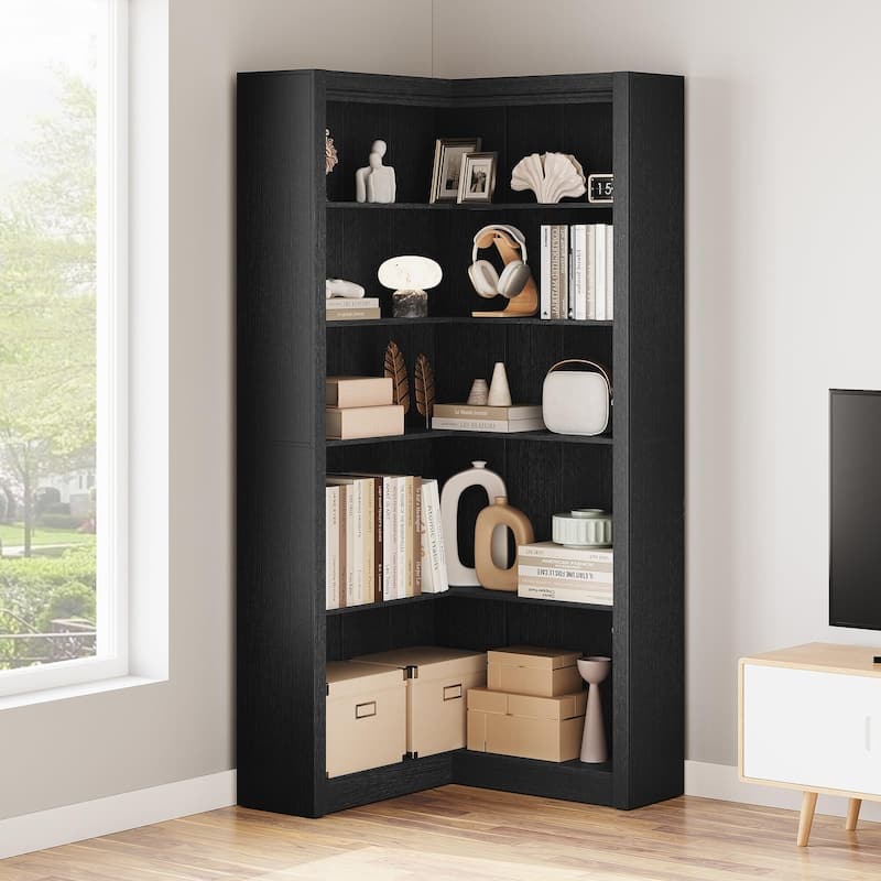 71.8" Tall Corner Bookshelf, 5-Tier L-Shaped Corner Bookcase, Modern Industrial Wood Display Storage Shelves for Living Room - Black