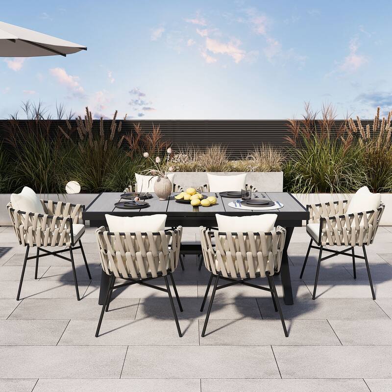 Outdoor 7-Piece Extendable Dining Table Set w6 Weaving Dining Chairs