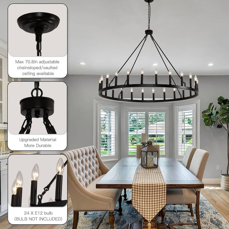 24-Light Black Wagon Wheel Chandelier 48" Farmhouse Rustic Ceiling Light with Adjustable Height - 1 Tier 24lights - 48inch