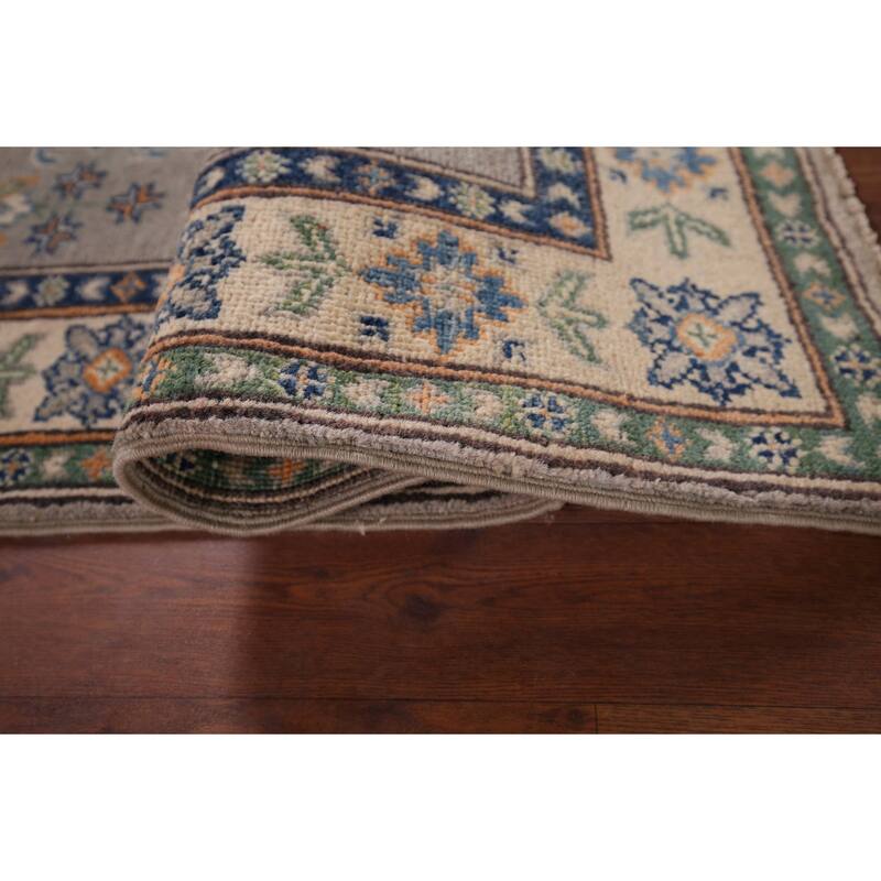 Geometric Kazak Foyer Rug Handmade Grey Wool Carpet - 2'9" x 4'0"