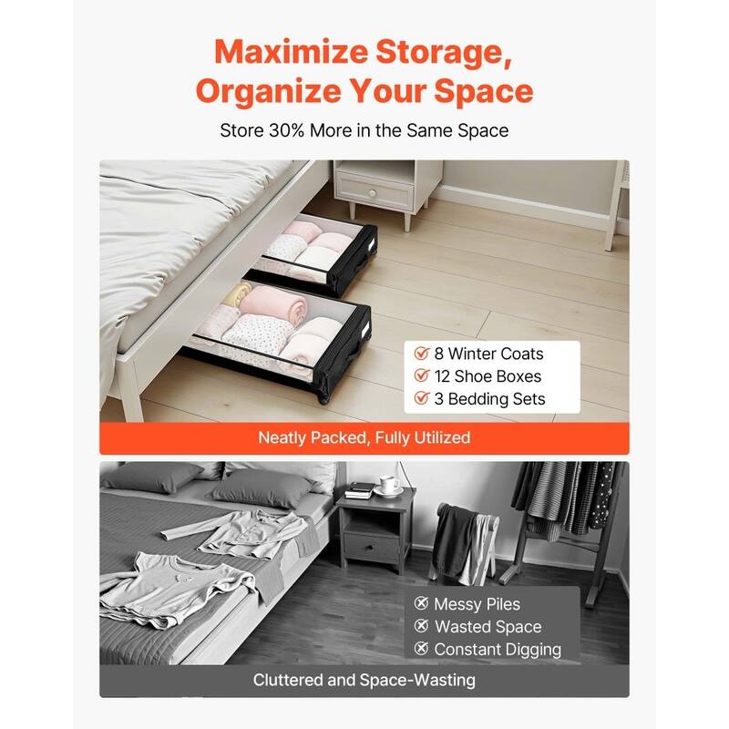 2 Pack Under Bed Storage Fabric Rolling Container with Casters and Clear Top Side Label Slots - 30.3 x 18.5 x 6.8 inch