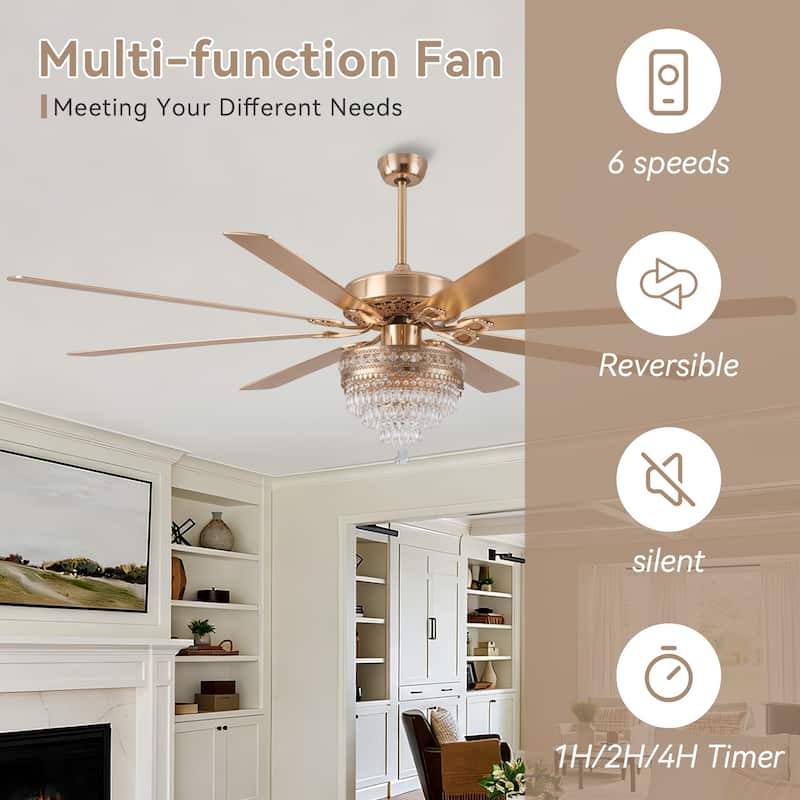 52" or 62" Crystal Ceiling Fan Chandelier with Lights,Remote Control, Timer,Reversible Motor