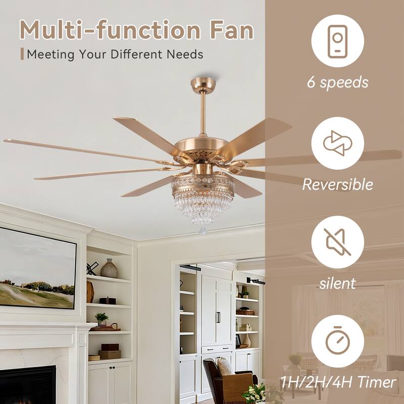52 or 62 Inches Crystal Ceiling Fan Fandelier with Lights,For Bedroom Kitchen Patio Remote Control