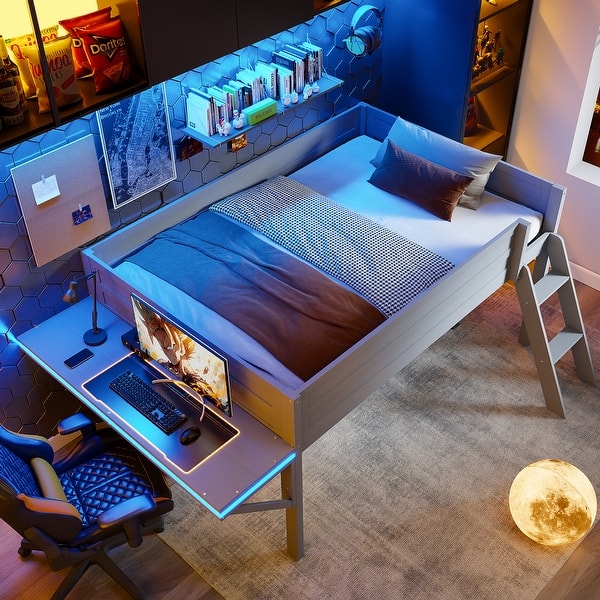 slide 2 of 14, Full Size Wood Gaming Loft Bed with Desk and LED,Grey Solid Wood Full