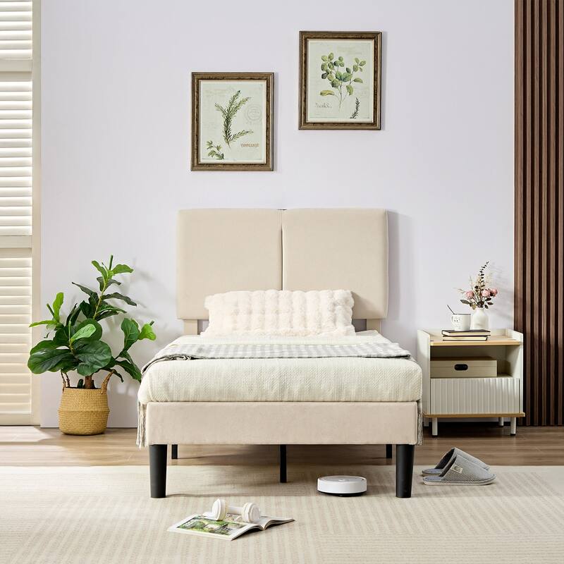 Javlergo Upholstered Platform Bed Frame with 2 USB Charging Station & Adjustable Headboard, No Box Spring Needed - Beige - Twin