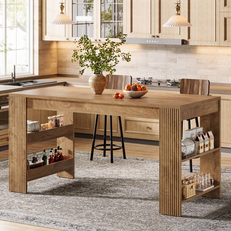 63'' Bar Table, Bar Height Pub Table Bar Unit with Storage Shelves - Brown