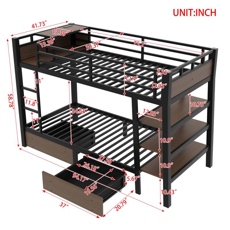 Twin/Full Metal Bunk Bed with Storage Shelves, Drawers, LED Light Strip, USB Power Outlet & Sturdy Guardrail Design