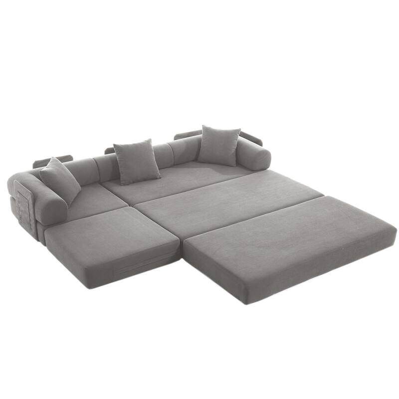 Versatile 7-in-1 Modular Folding Sectional Sofa with Chaise Convertible Corduroy Sleeper Sofa Bed with Removable Storage Bags