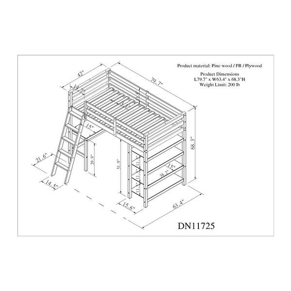 Espresso Pine Wood Loft Bed with Desk, Ladder, and Shelves, High Guard Rails