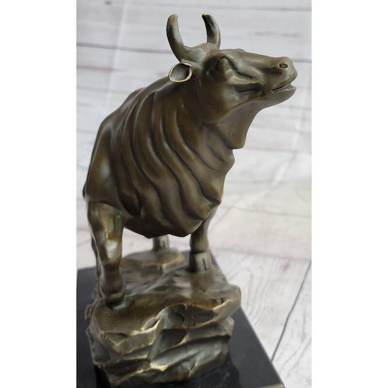 Upward Facing Bull Bronze Metal Statue Sculpture Figure Marble Base Signed Original 10 Inches X 11 Inches