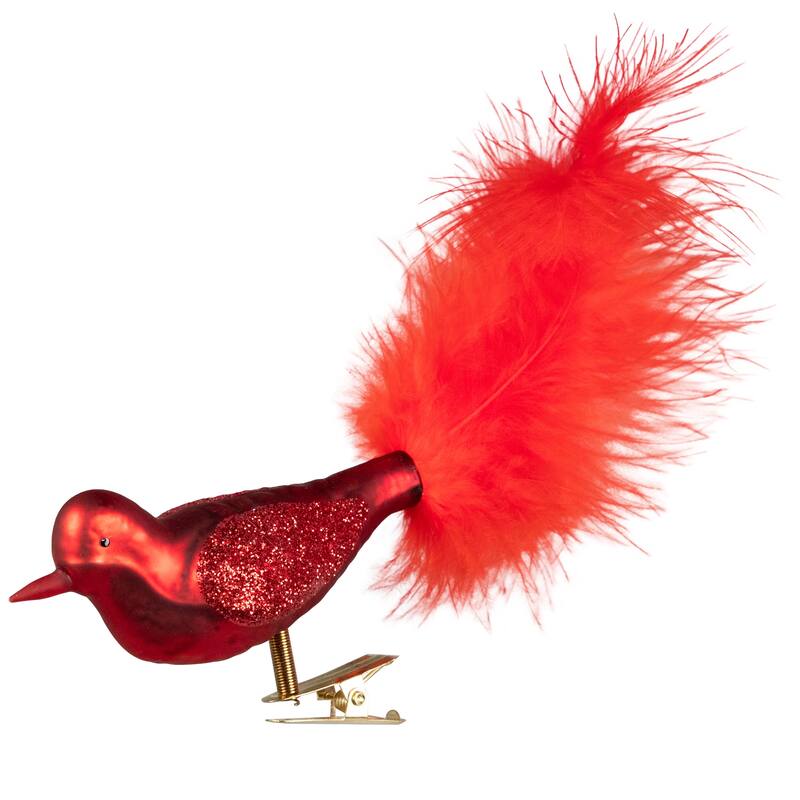 Glitter Winged Bird with Tail Clip On Glass Christmas Ornament - 5.5" - Red Orange