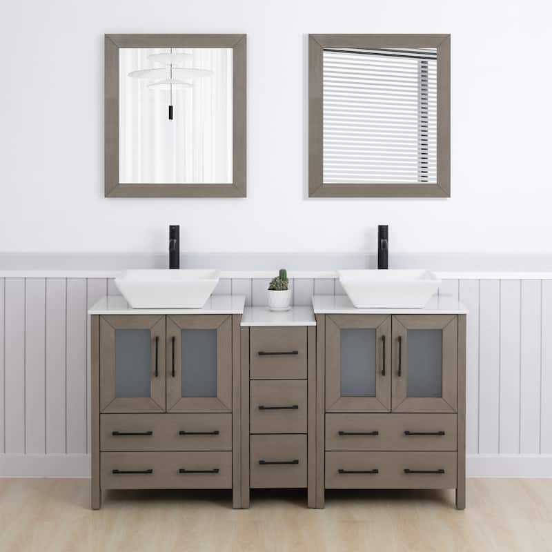 Vanity Art 60" Double Sink Bathroom Vanity Set with Engineered Marble Top and Free Mirror - 60 W X 18.5 D X 31.1 H