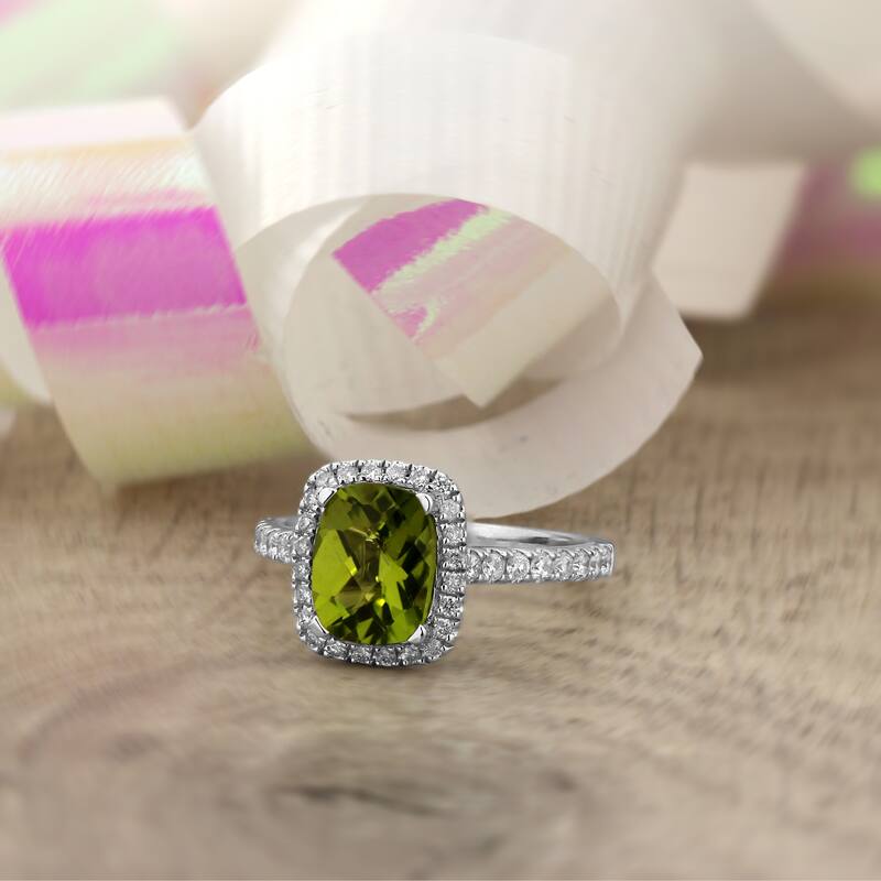 Auriya 1 7/8ct Cushion-cut Peridot and Halo Diamond Engagement Ring 3/8ctw 14k Gold