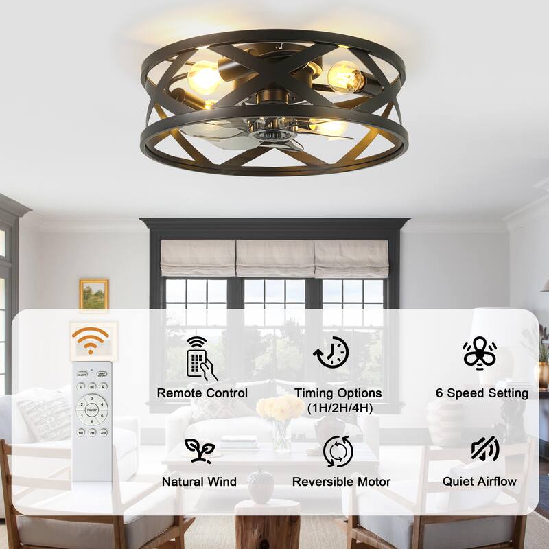 Bella Depot 20" Black Cage Flsuh Mount Ceiling Fan with Light and Remote