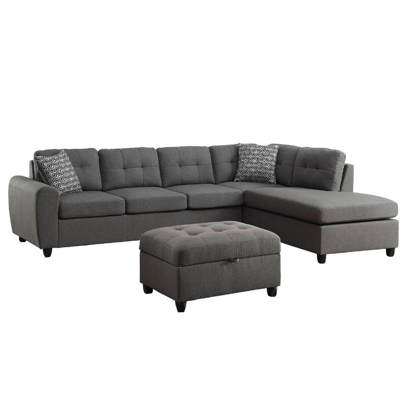 Esse Sectional Chaise Sofa with Storage Ottoman, 2 Accent Pillows, Gray