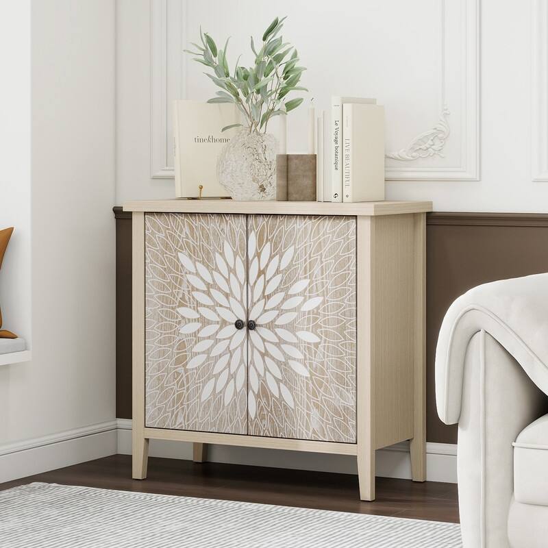 2-Door Carved Storage Cabinet with Adjustable shelf, Accent Furniture for Living Room, Hallway - Natural
