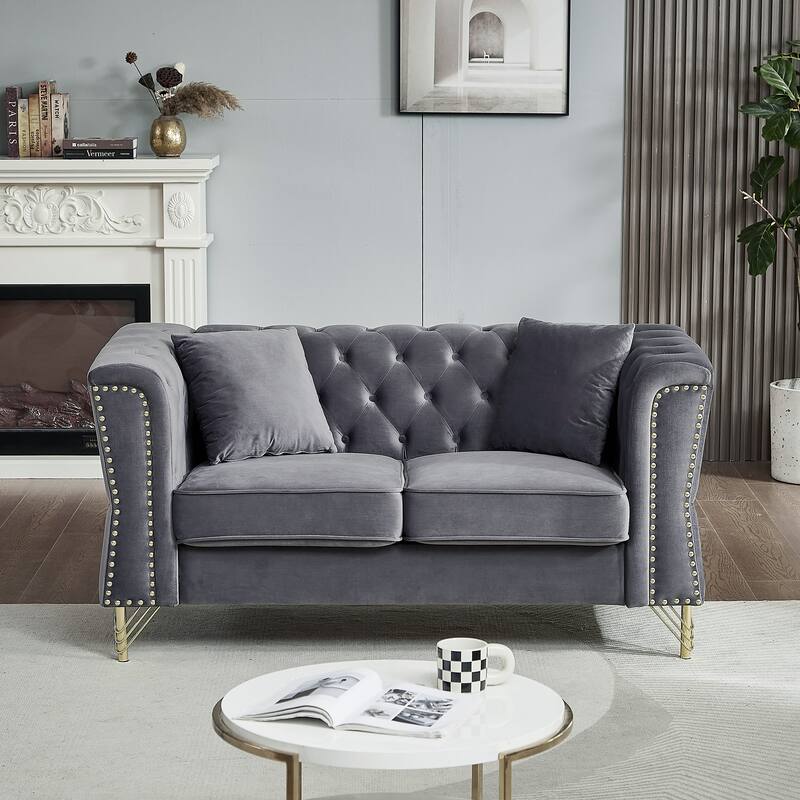 Chesterfield Tufted Loveseat Sofa with Nailhead and 2 Pillows - Grey