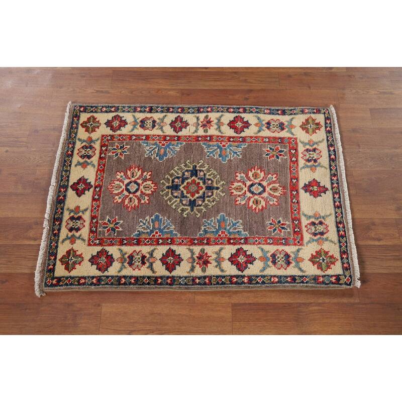Hand Knotted Oriental 100% Wool Carpet Traditional Geometric Brown Kazak Area Rug - 2' 11'' X 2' 1''