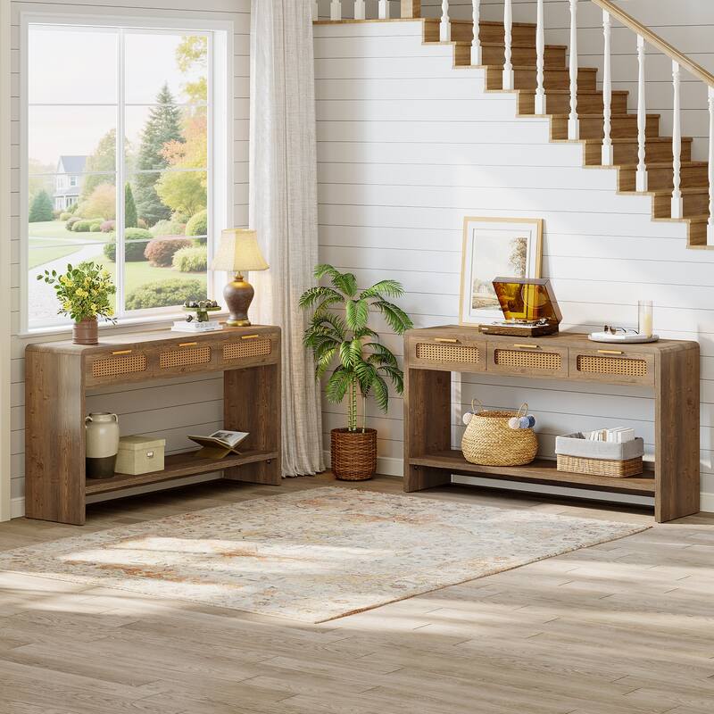 55" Narrow Console Sofa Table with 3 Rattan Drawers and 2-tier Storage Shelf - 13.78" D x 55.12" W x 32.68" H
