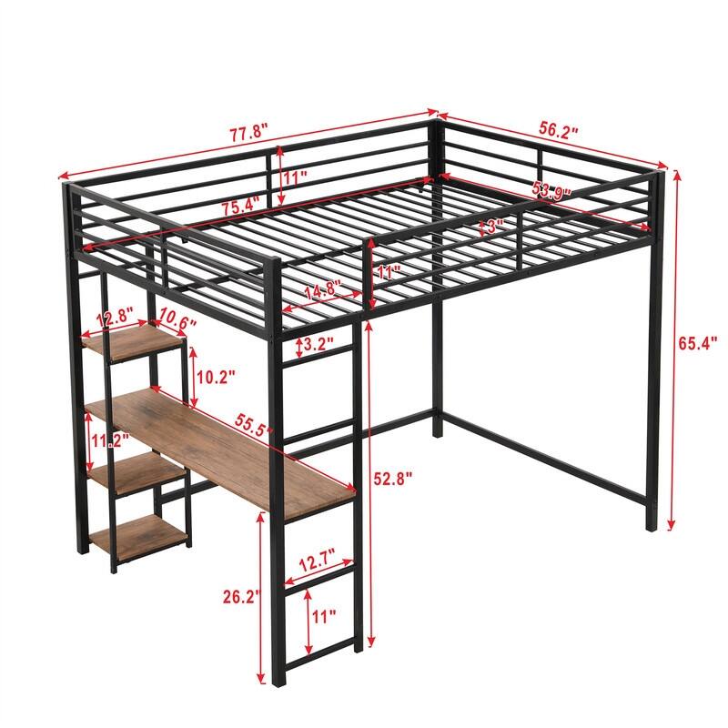 Full Size Metal Loft Bed with Builtin Desk and Storage Shelves, Black