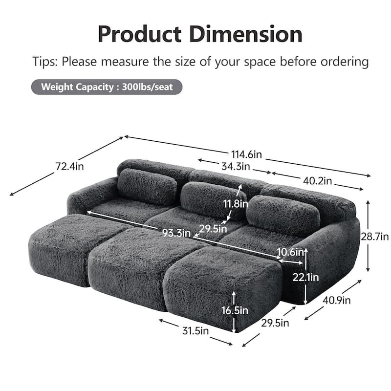 Sectional Sleeper Sofa Set, 3-Seater Modular Convertible Couch with 3 Ottomans, Boneless Sectional Sofa Bed