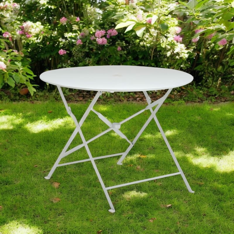 36" White Rounded Aluminum Folding Outdoor Dining Table with Umbrella Hole - White