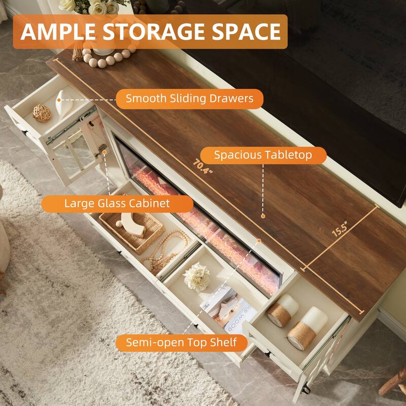 Fireplace TV Stand for 80" TV, Farmhouse Entertainment Center with LED