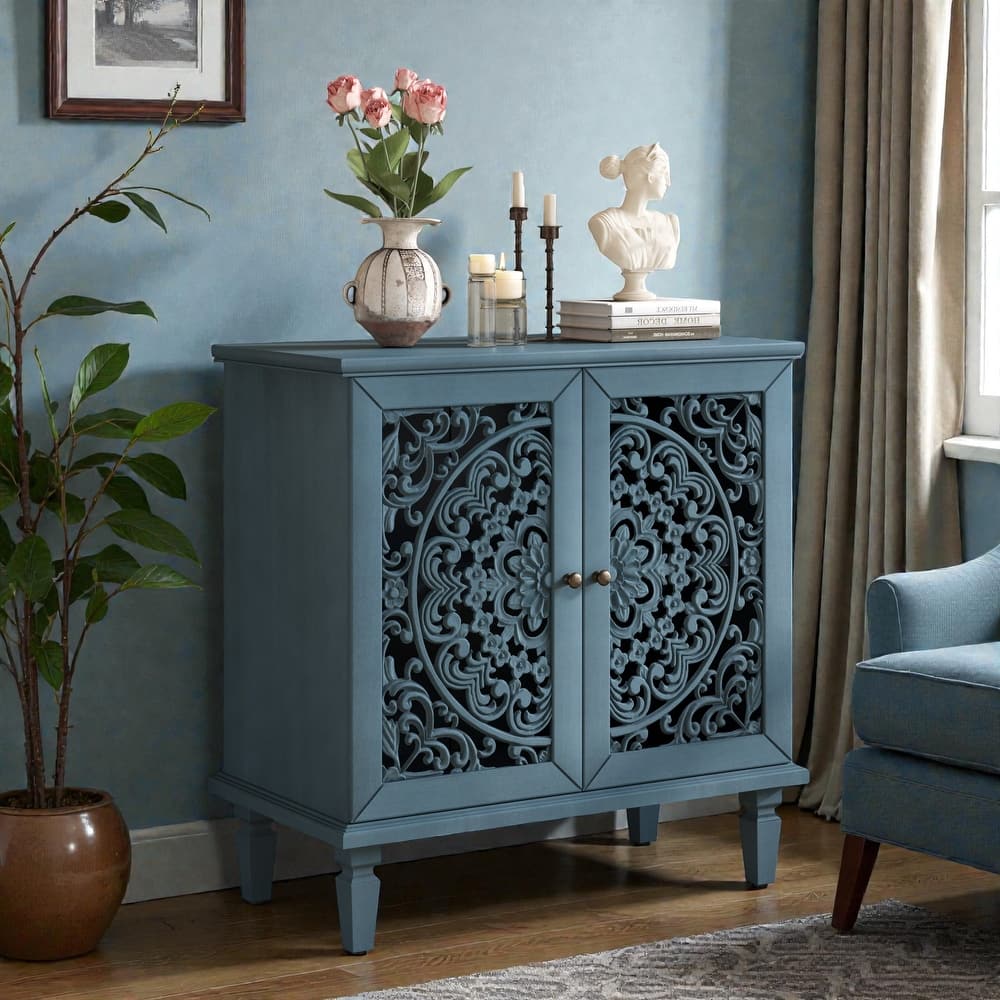 Vintage Hollow-Carved 2-Door Accent Cabinet with Floral Design, Adjustable Shelf and Solid Wood Legs, 31.5'' Sideboard
