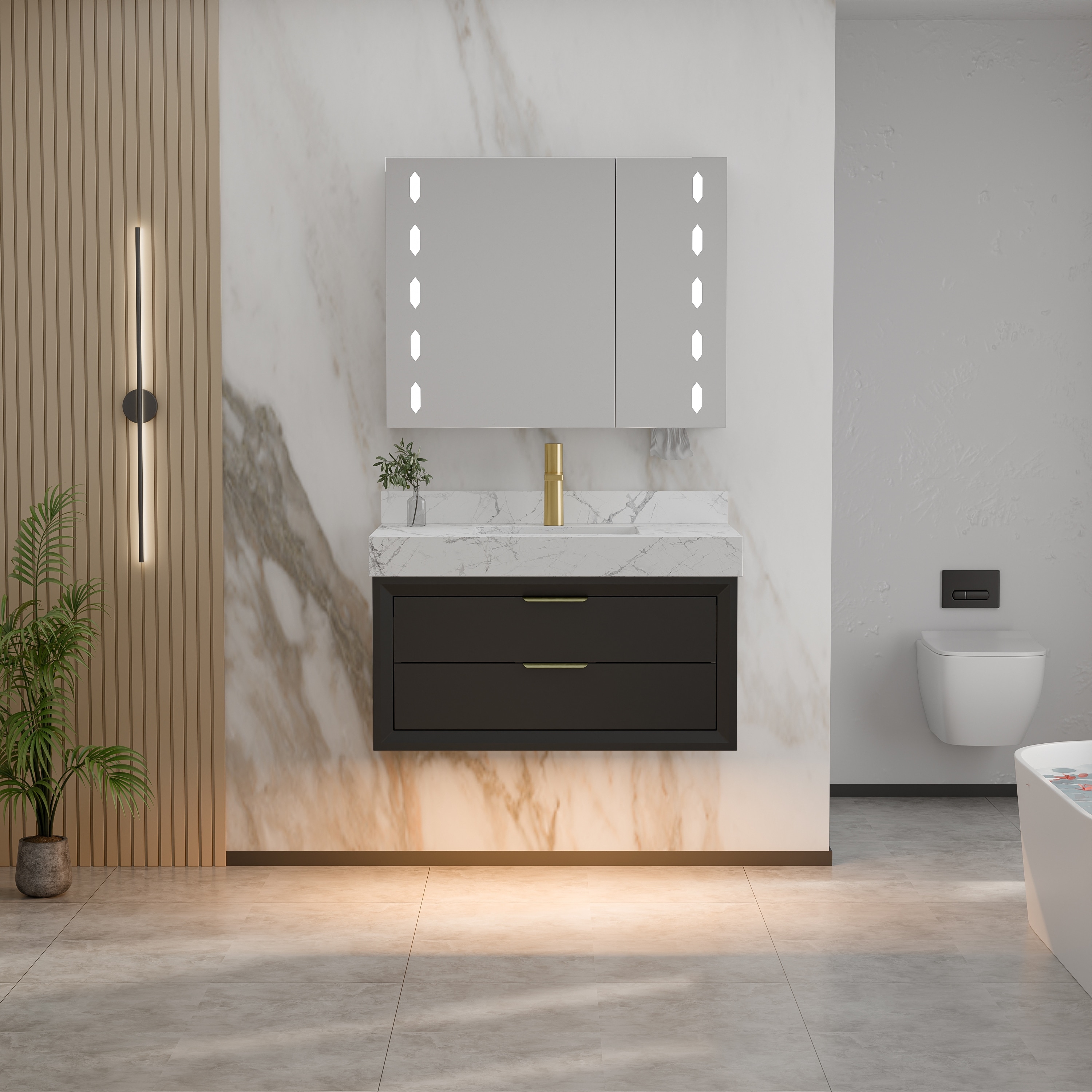 36 Inch Floating Wall-Mount Single Bathroom Vanity with Sink, Flat Panel and Built-in Ambient Lighting, Black/White/Blue/Green