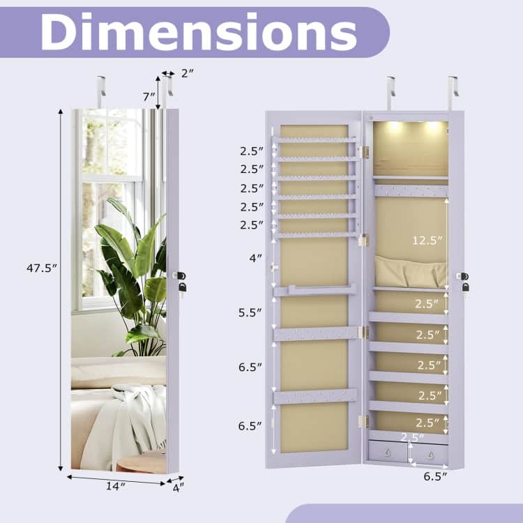 LED Lights Wall and Door Mounted Jewelry Storage Lockable Cabinet with Full Length Mirror - 14" x 4" x 54.5" (L x W x H)