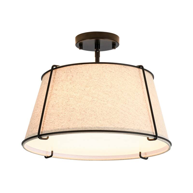 Brass 4-Light Wide Drum Linen Ceiling Light - 17in Mid-Century