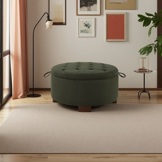 30" Round Boucle Storage Ottoman with Reversible Tray Lid & Wood Legs