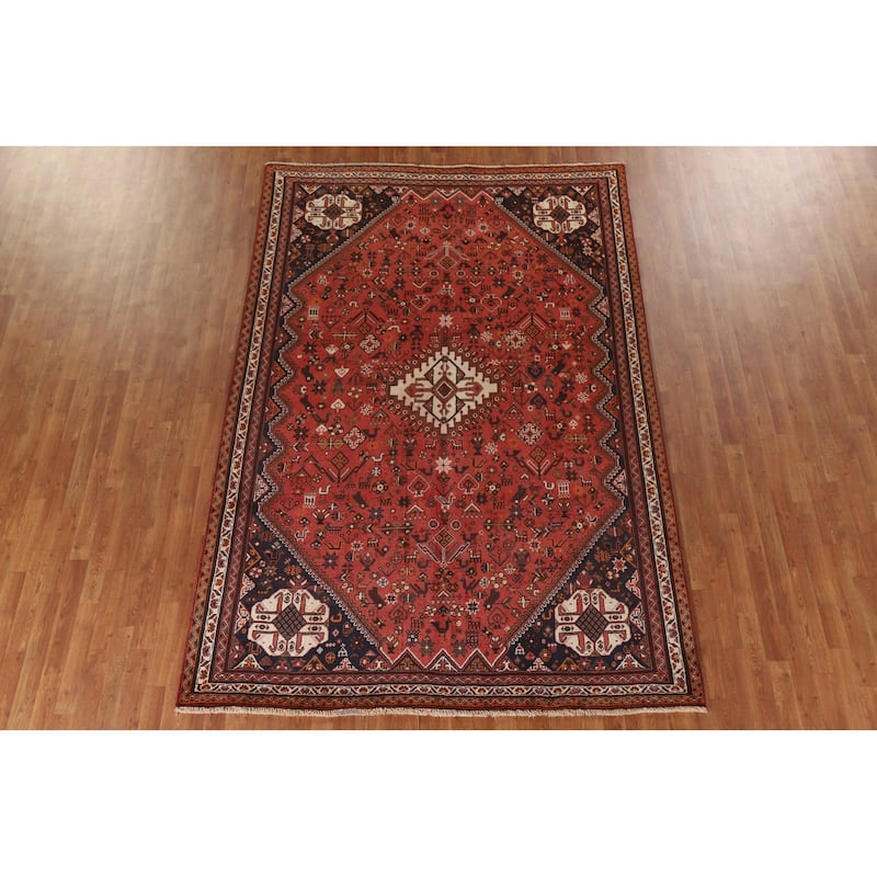 Tribal Red Shiraz Persian Vintage Area Rug Hand-Knotted Wool Carpet - 6'8"x 10'0"