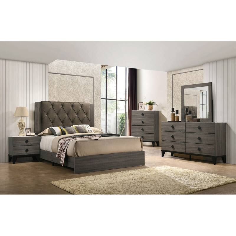 Queen Size Tufted Headboard Bed Frame in Gray Finish with Rubberwood Design