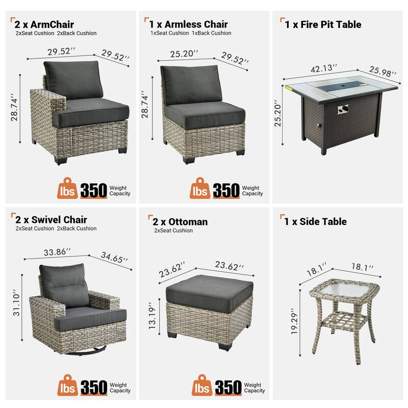 OVIOS 9 Pieces T shaped Seat Wide Armrest Swivel Chair Set With Fire Pit