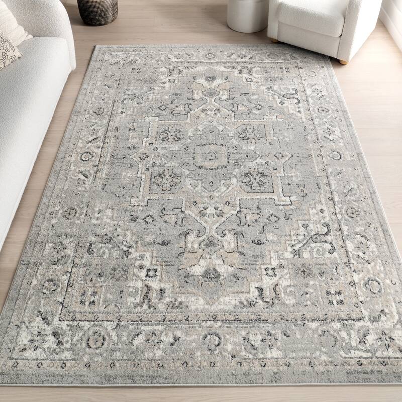 Nuloom Gena Distressed Transitional Medallion Area Rug - 6'7" x 9' - Light Grey
